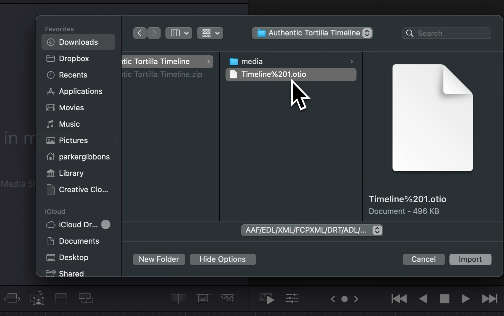 Choose the OTIO file